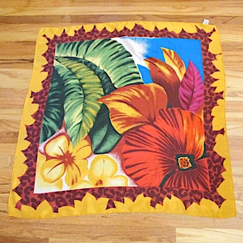 NWOT Square Orange Red Blue Green Tropical Satin Silk Scarf